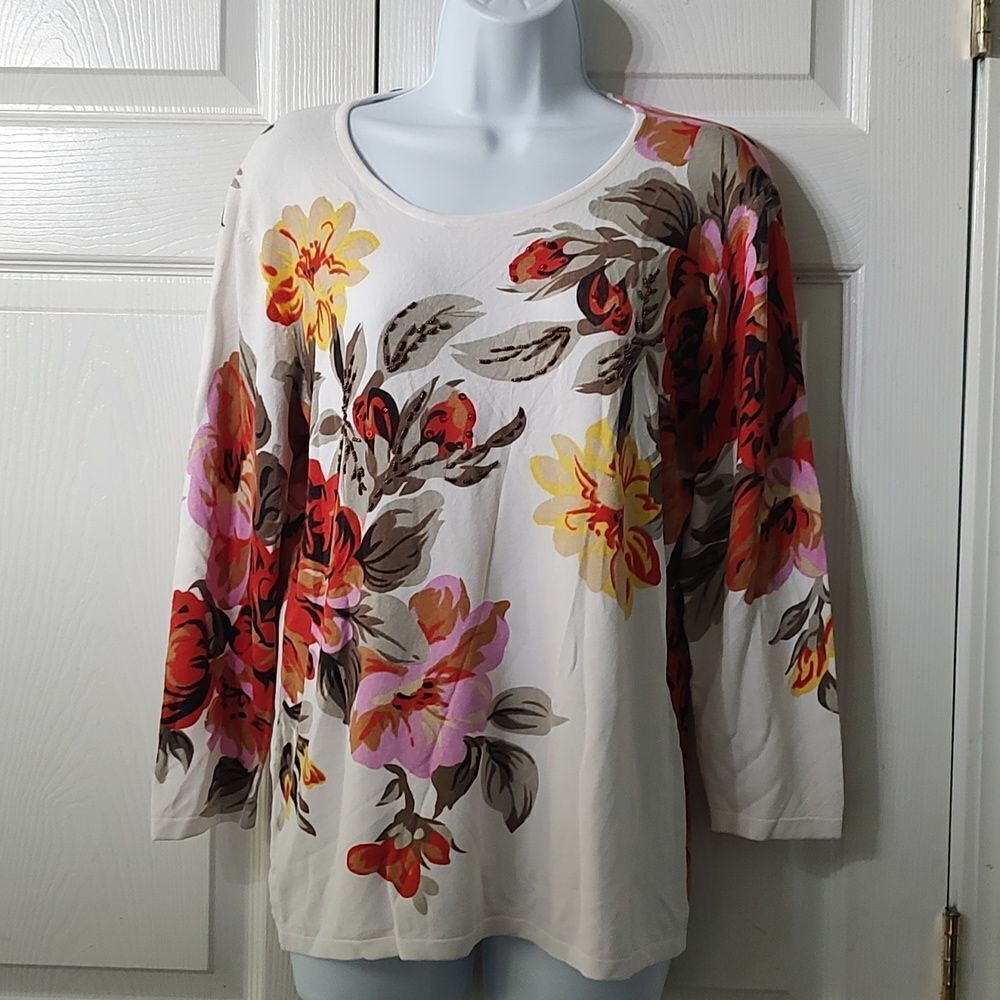 Peck & Peck Collection white floral print beaded lighter weight sweater Sz XL
